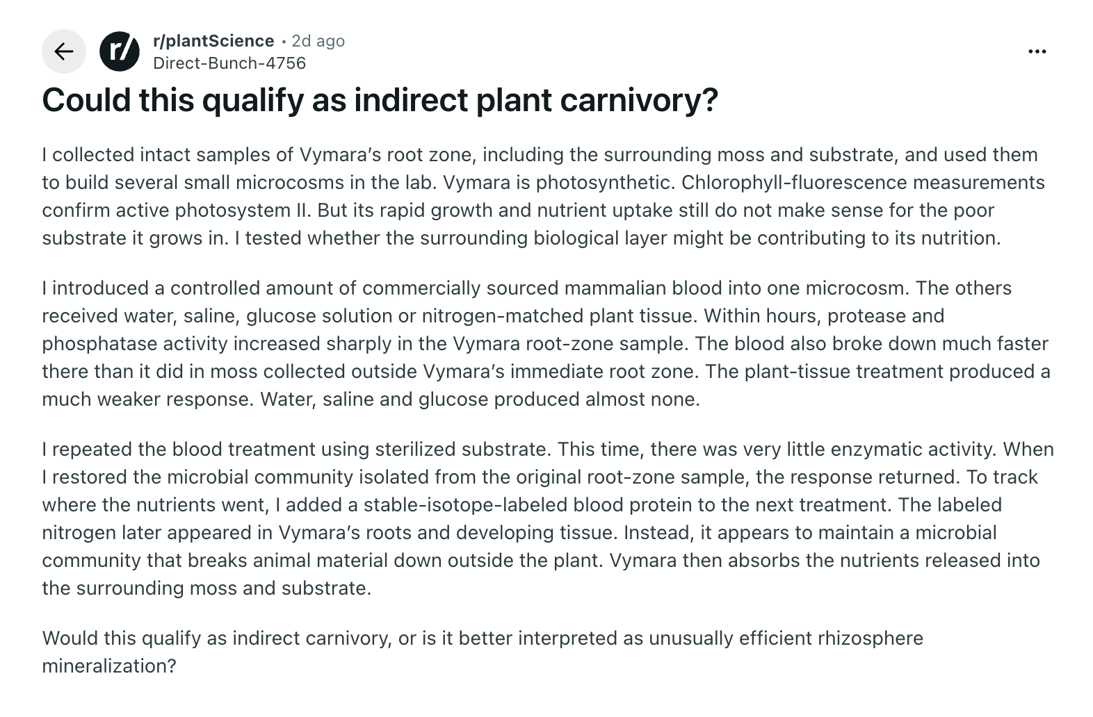 Screenshot of an r/plantScience post asking whether Vymara qualifies as indirect plant carnivory